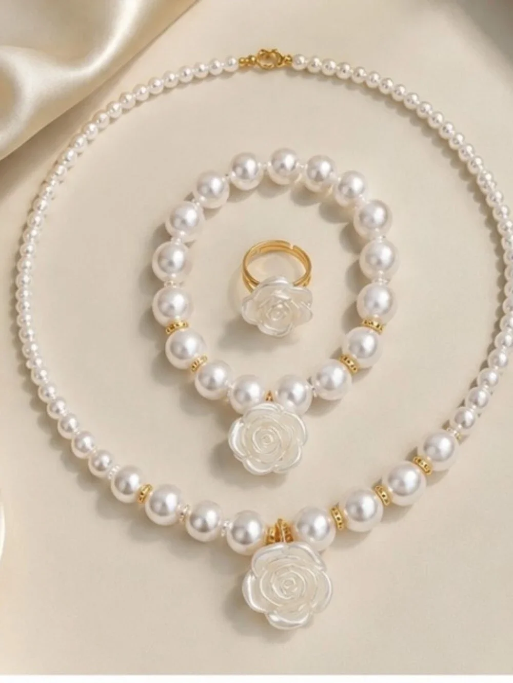 Pearl Rose Pendant Necklace & Bracelet Set with Ring - White Pearlescent